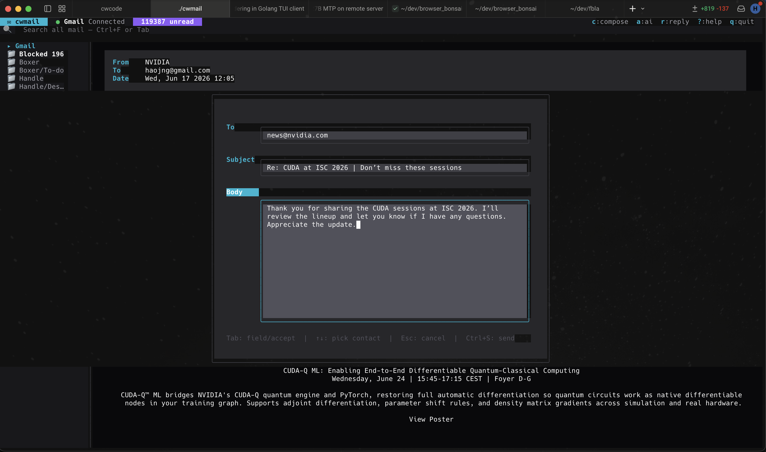 cwmail reply composer with To, Subject, and Body fields filled in; the body shows an AI-drafted polite reply: 'Thank you for sharing the CUDA sessions at ISC 2026. I'll review the lineup and let you know if I have any questions. Appreciate the update.'