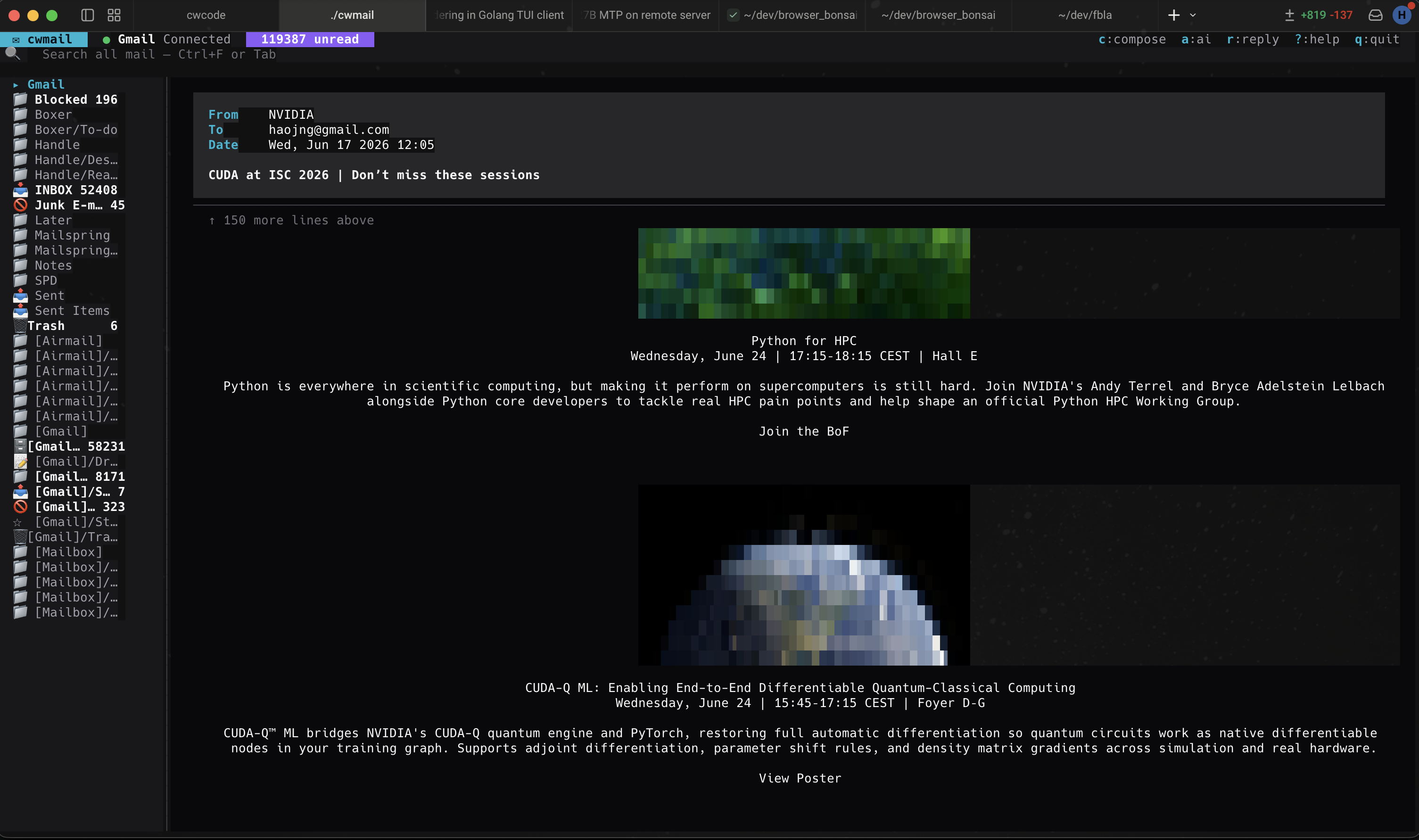 cwmail rendering an NVIDIA newsletter HTML email with two embedded event posters shown as ANSI half-block art, event titles, dates, locations, and brief descriptions
